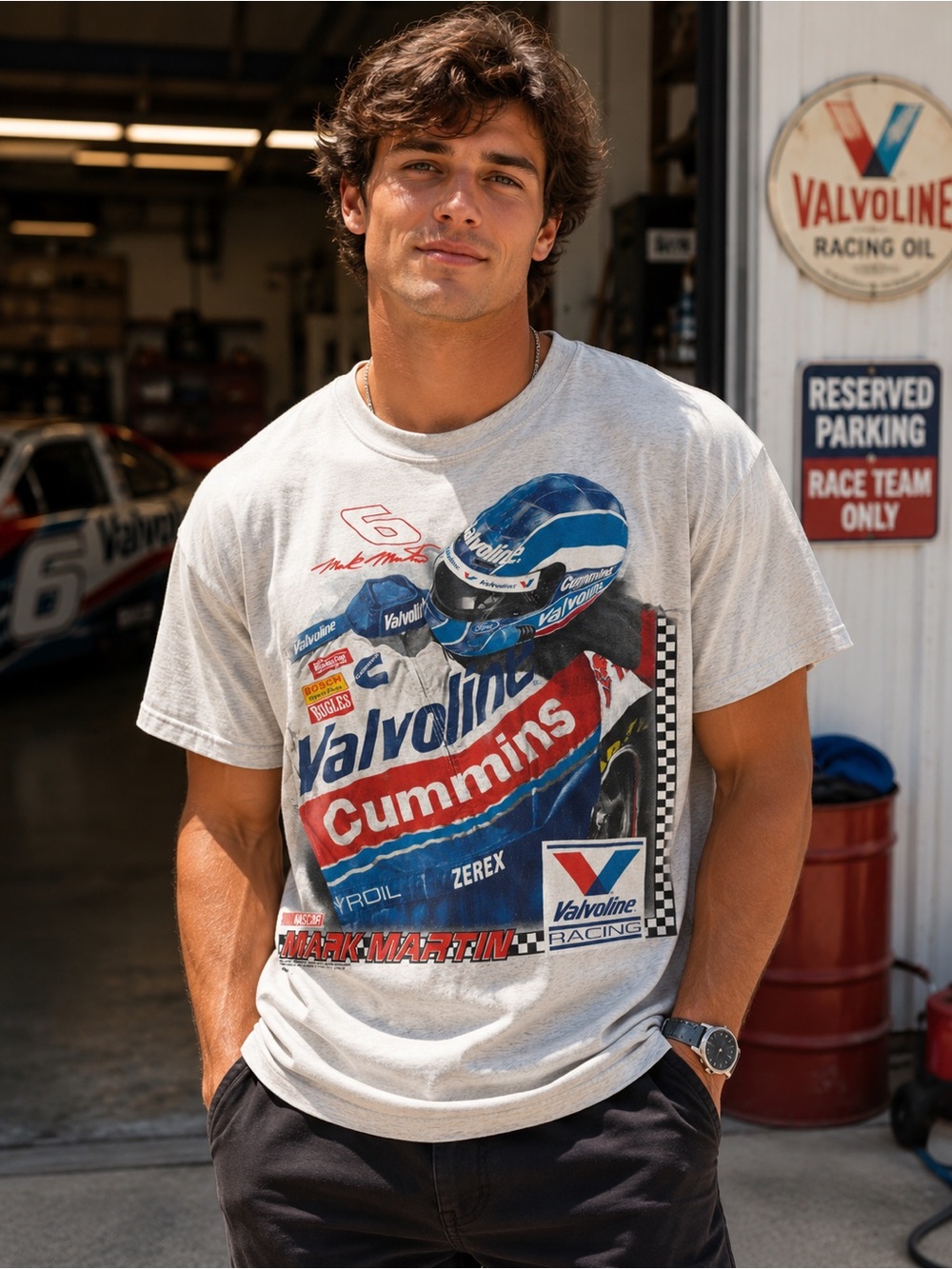 Vtg 90s Mark Martin NASCAR Valvoline Racing Graphic Tee Shirt fits Mens XL Gray